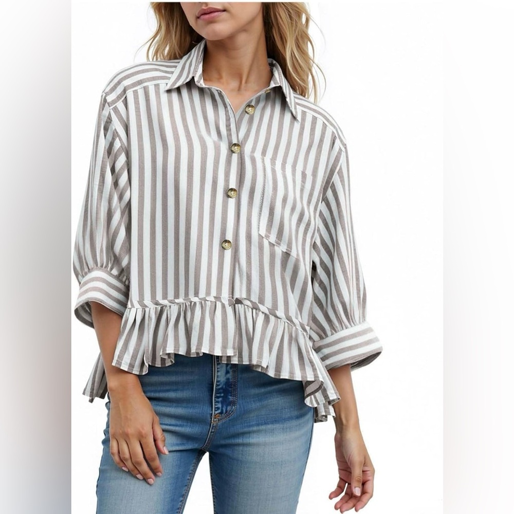 Chyrlil women’s S Striped Ruffle Hem Blouse - olive and cream front button‎